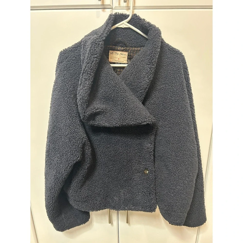 We The Free Free People Teddy Fleece Jacket Charcoal Grey‎ Sherpa Asymmetrical M